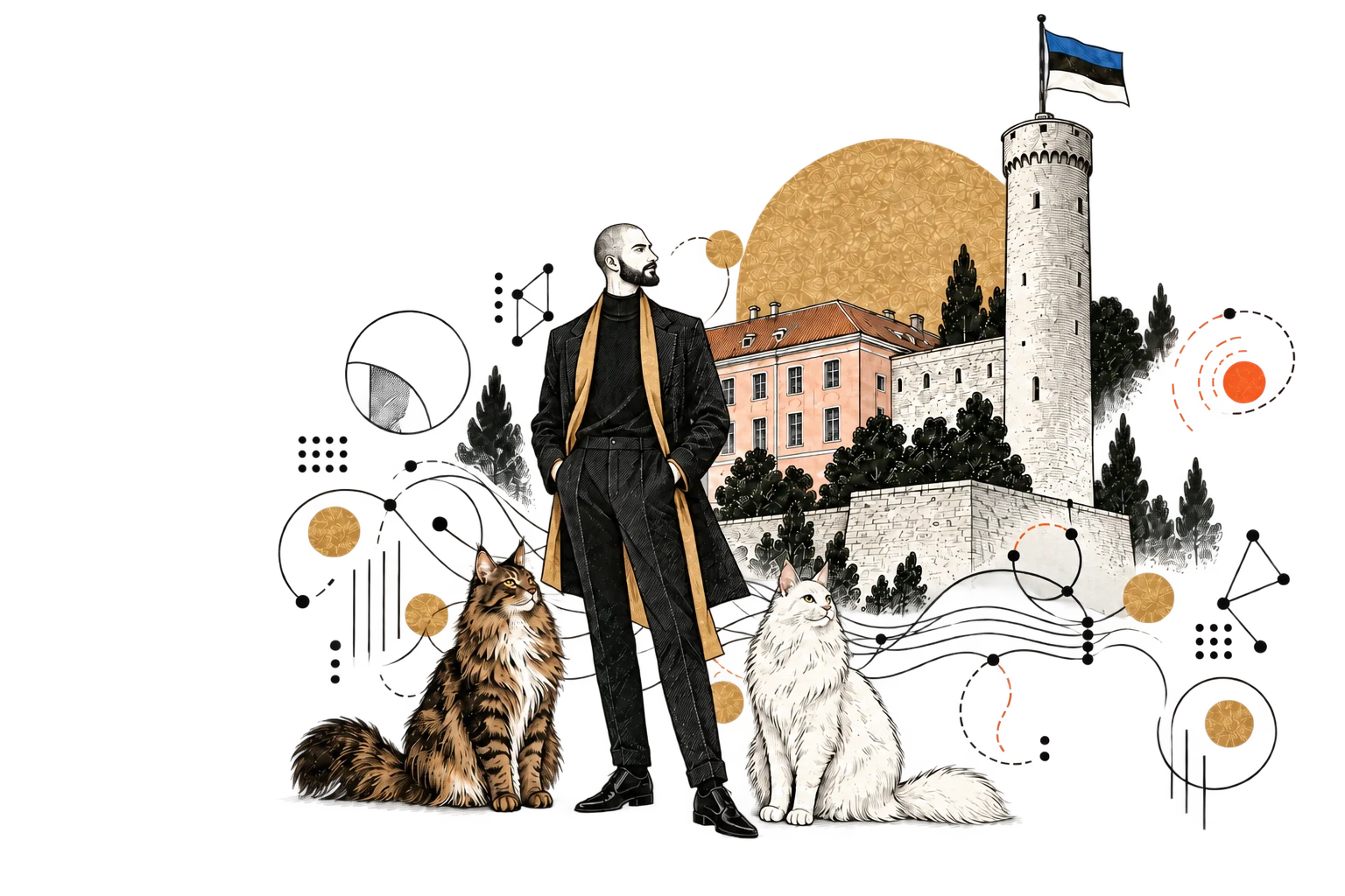Mees ja kaks kassi Toompea lossi ning Eesti lipuga Pika Hermanni juures.