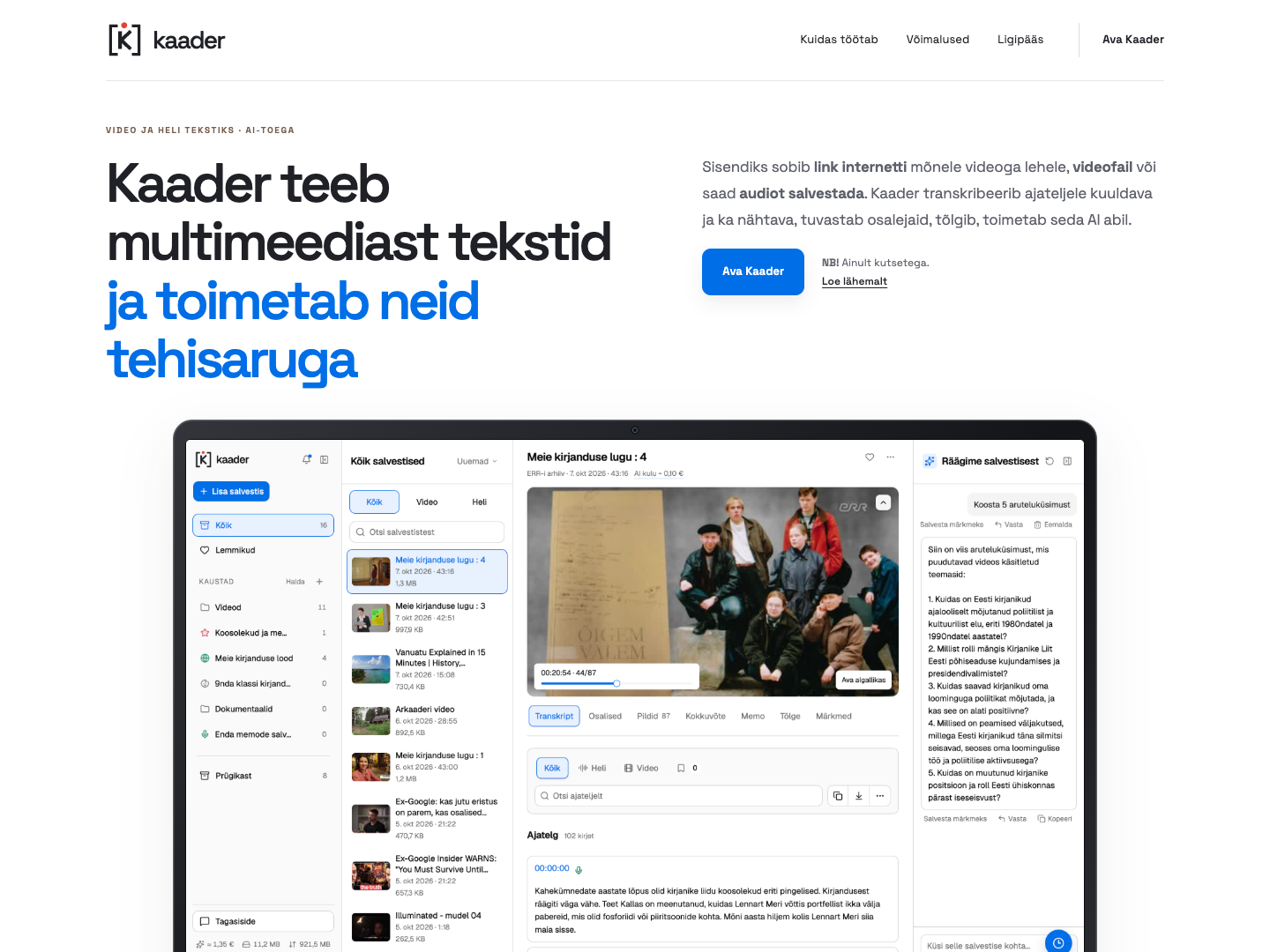 Kaader.eu avaleht ja salvestiste töövaade